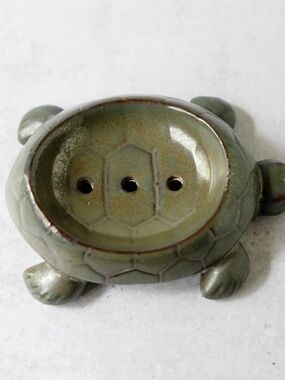 Vintage green iridescent pottery turtle soap dish 6 inches long
